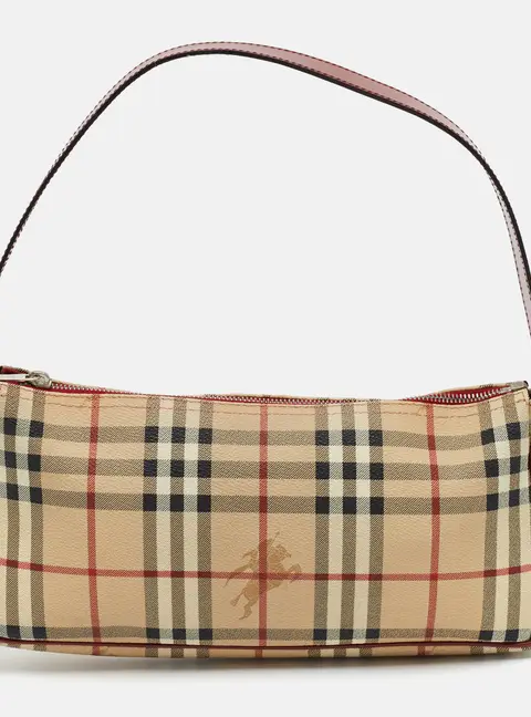 Burberry Beige/Red Haymarket Coated Canvas Shoulder Bag