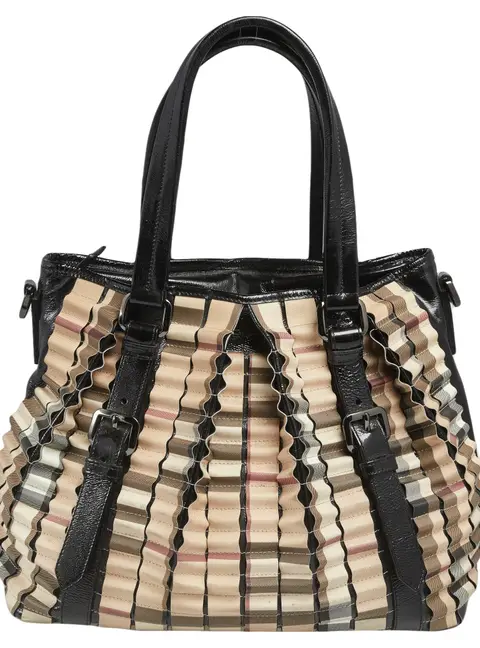 Burberry Black/Beige House Check PVC and Patent Leather Lowry Ruffled Tote