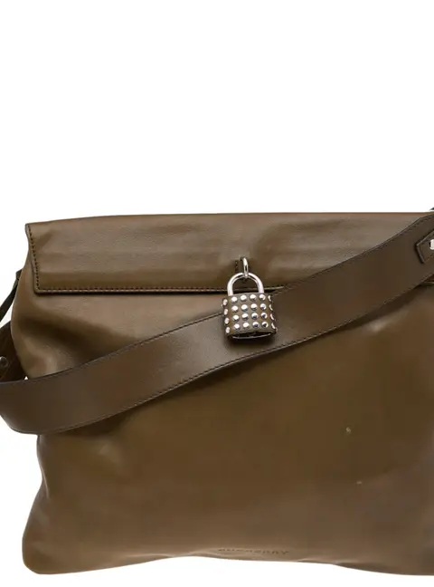 Burberry Olive Green Leather Studded Lock Messenger Bag