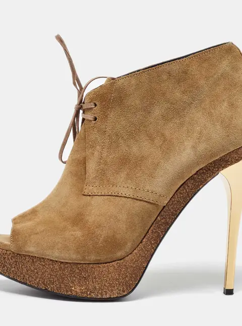 Burberry Brown Suede Peep Toe Cork Platform Booties Size 39