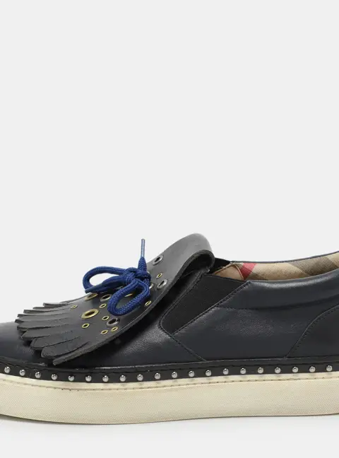 Burberry Navy Blue Leather Kiltie Slip On Sneakers Size 39.5