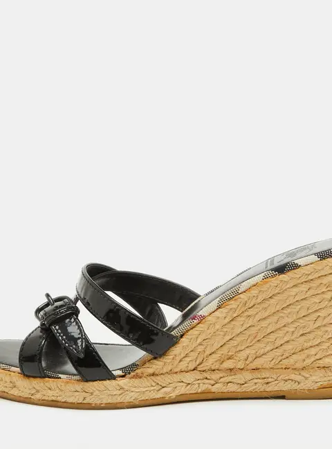Burberry Black Patent Leather Strappy Wedge Espadrille Sandals Size 38