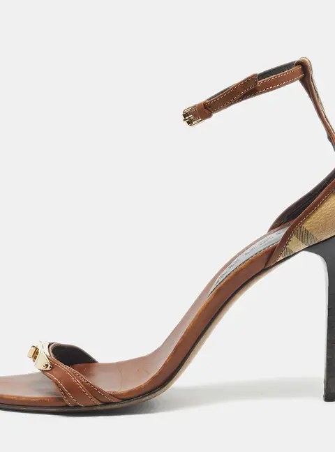 Burberry Brown/Beige House Check Canvas And Leather Ankle Strap Sandals Size 40