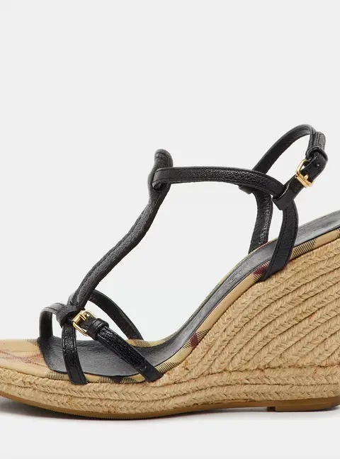 Burberry Beige/Black Leather and Haymarket Check Coated Canvas Espadrille Wedge Sandals Size 38