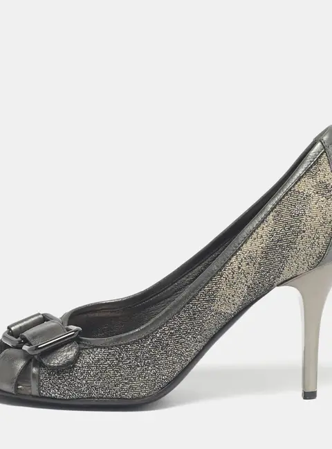 Burberry Grey/Beige Canvas and Leather Buckle Peep Toe Pumps Size 37