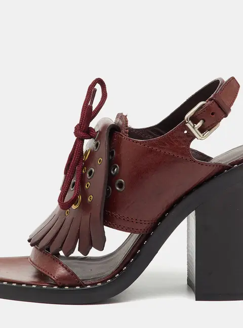 Burberry Burgundy Leather Beverley Eyelet Fringe Detail Block Heel Sandals Size 38