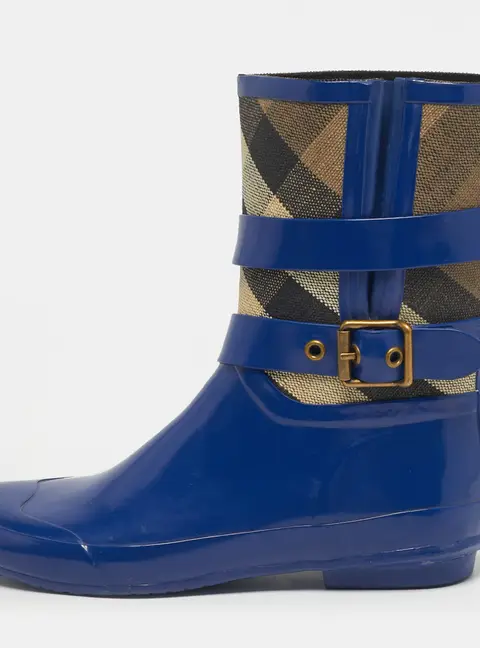 Burberry Beige/Blue House Check Canvas and Blue Rubber Rain Boots Size 39