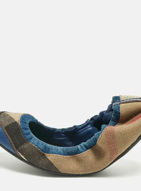Burberry Blue/Beige Check Canvas and Suede Scrunch Ballet Flats Size 37