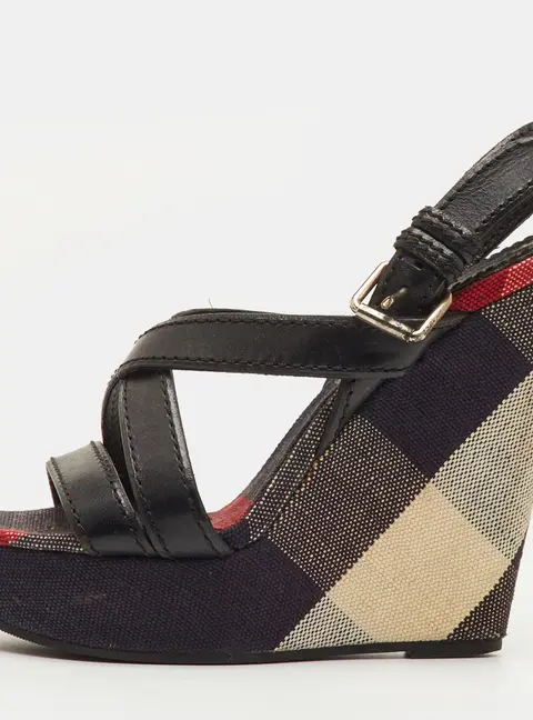 Burberry Warlow Size 39 Black Leather and Nova Check Canvas Platform Wedge Sandals