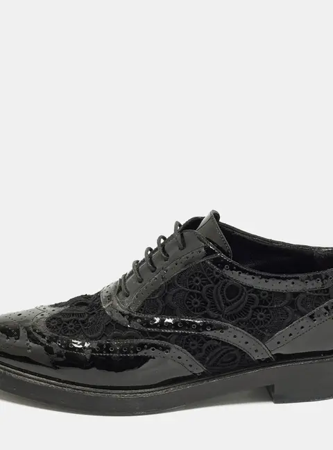 Burberry Size 37 Black Lace, Mesh and Patent Leather Brogues