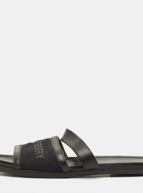 Burberry Black Canvas And Leather Flat Slides Size 38