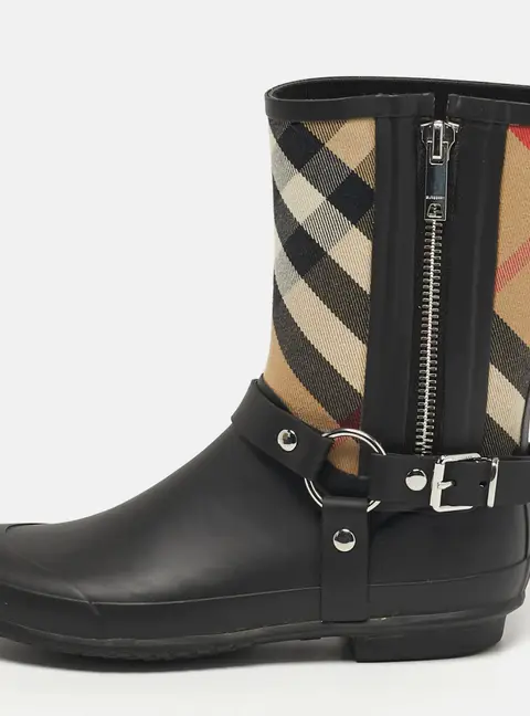 Burberry Check Size 39 Black Leather and Rubber Rain Boots
