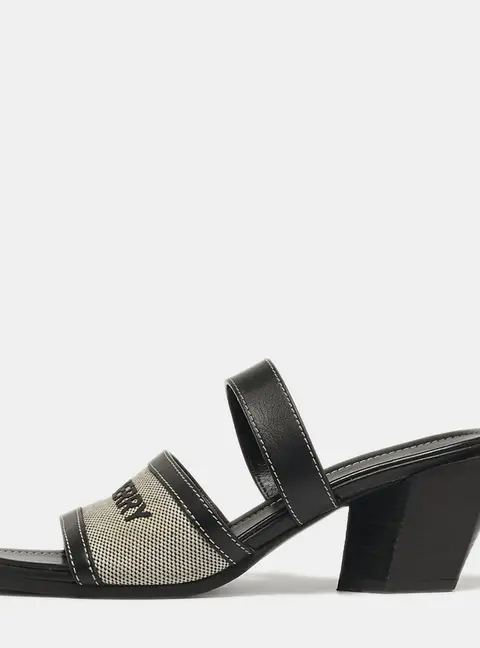 Burberry Honour Size 37 Black/White Canvas and Leather Slide Sandals