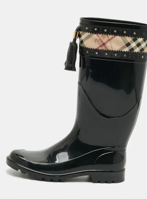Burberry Size 38 Black/Beige Canvas And Rubber Rain Boots