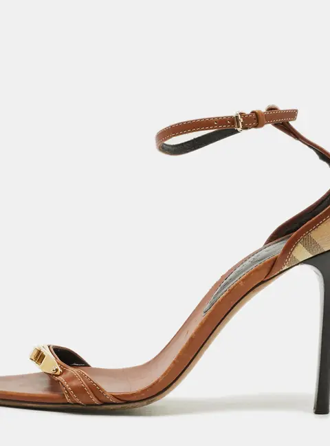 Burberry Size 38 Brown House Check Canvas and Leather Ankle Strap Sandals