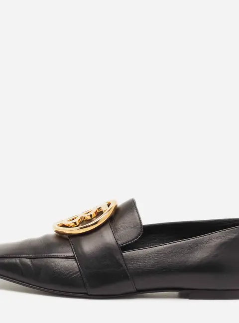 Burberry TB Logo Plaque Almerton Size 37.5 Black Leather Loafers