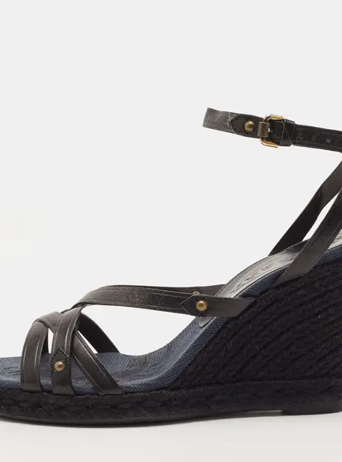 Burberry Size 37 Black Leather Wedge Sandals