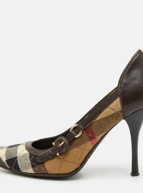 Burberry Size 36 Brown/Beige Leather and House Check Canvas Pointed Toe Pumps