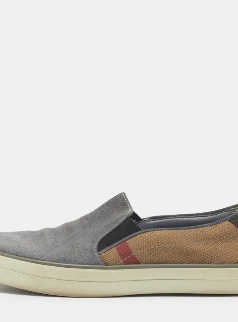 Burberry Size 37 Blue/House Check Canvas and Suede Slip On Loafers