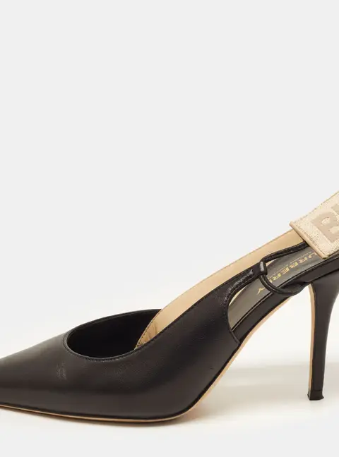 Burberry Maria Size 38 Black/Beige Leather and Satin Slingback Pumps