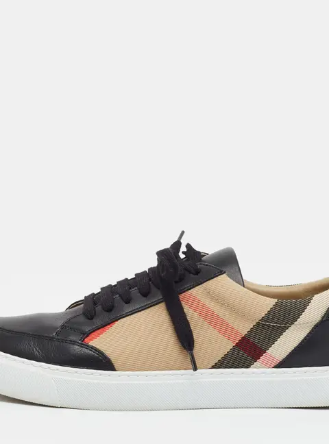 Burberry Check Size 38.5 Black/Beige Canvas and Leather Lace Up Sneakers