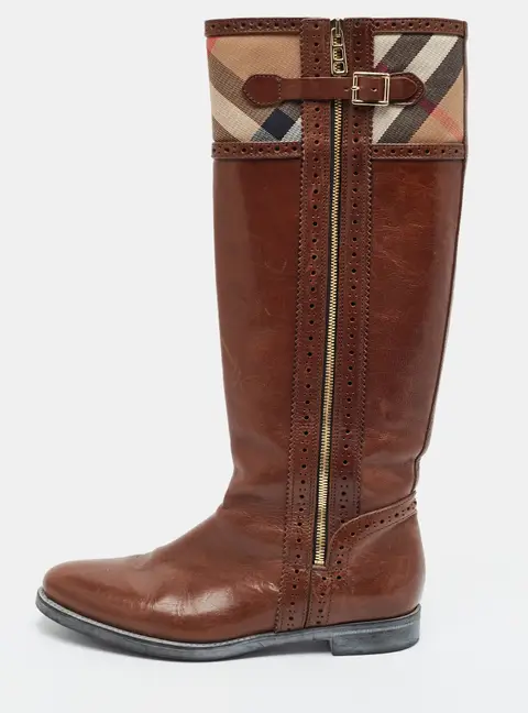 Burberry Bridle Size 39 Brown Leather and Nova Check Canvas Knee Length Boots