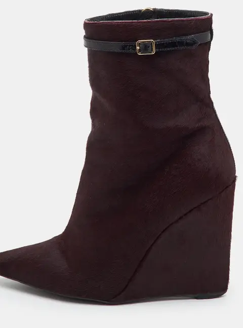 Burberry Size 37 Burgundy Calf Hair and Patent Leather Wedge Ankle Length Boots