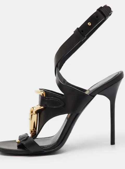 Burberry Horse Clip Bridle Size 36.5 Black Leather Ankle Strap Sandals