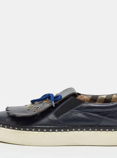Burberry Kiltie Size 40 Black Leather Fringe Slip On Sneakers