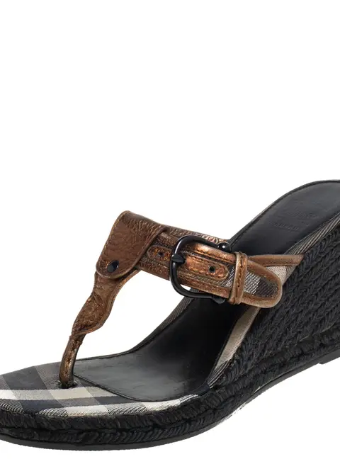 Burberry Metallic Bronze Leather Wedge Espadrille Thong Slide Sandals Size 39