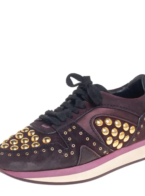 Burberry Burgundy Suede And Satin Studded Low Top Sneakers Size 38