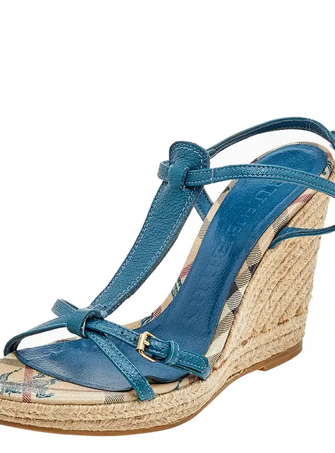 Burberry Blue Leather Strappy Espadrille Platform Wedge Sandals Size 37