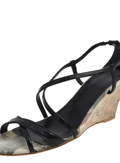 Burberry Black Patent Leather Criss Cross Open Toe Cork Wedge Sandals Size 38