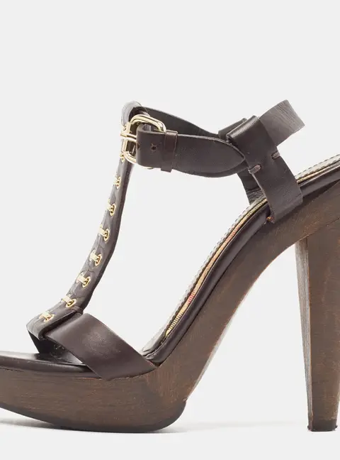 Burberry Brown Leather T-Bar Platform Ankle Strap Sandals Size 37.5
