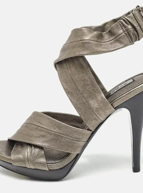 Burberry Grey Leather Platform Ankle Wrap Sandals Size 39