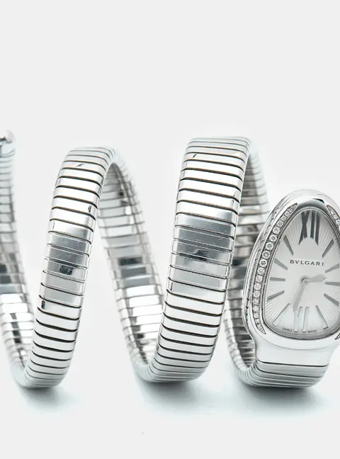 Bvlgari Serpenti Tubogas 101910 Silver Opaline Dial Stainless Steel Diamond Rubellite Women's Wristwatch 35 mm