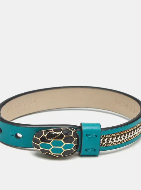 Bvlgari Serpenti Forever 3 Chain Motif Enamel Green Leather Two Tone Metal Bracelet