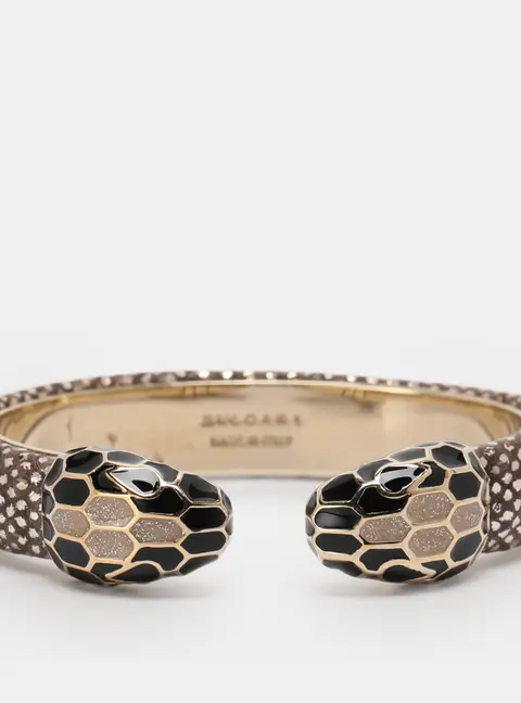 Bvlgari Serpenti Forever Gold Tone Metal and Karung Leather Bangle Bracelet 14.5 cm