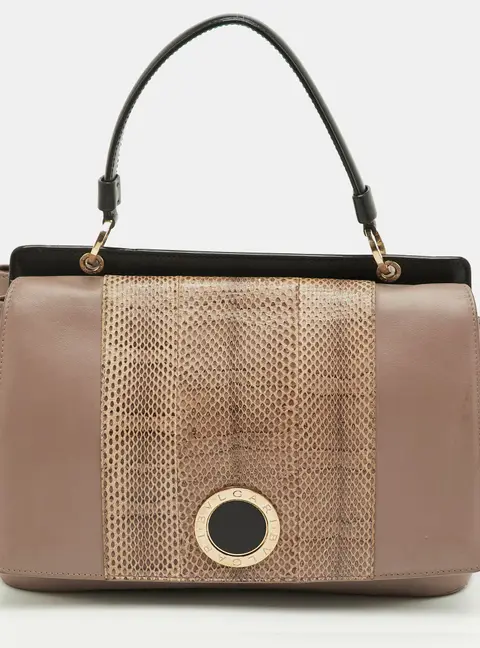 Bvlgari Duet Brown/Beige Leather and Snakeskin Top Handle Bag