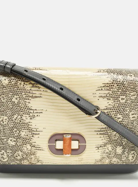 Bvlgari Icona Grey/Cream Lizard Skin and Leather Shoulder Bag