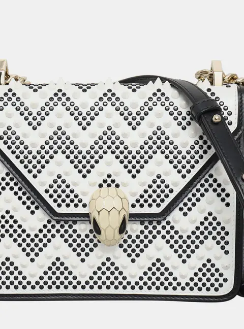 Bvlgari Serpenti Forever Small White Black Studded Calfskin Leather Crossbody Bag