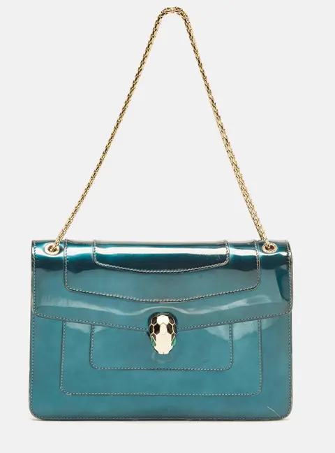Bvlgari Serpenti Forever Flap Medium Green Patent Leather Shoulder Bag