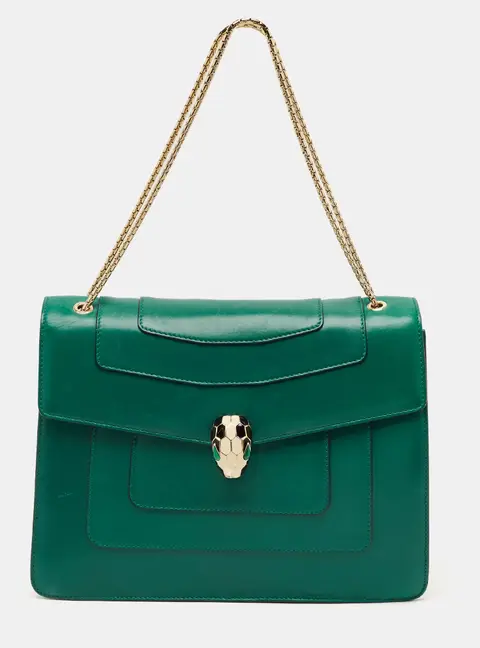 Bvlgari Serpenti Forever Flap Large Green Leather Shoulder Bag