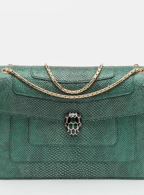 Bvlgari Serpenti Forever Medium Green Karung Leather Flap Shoulder Bag