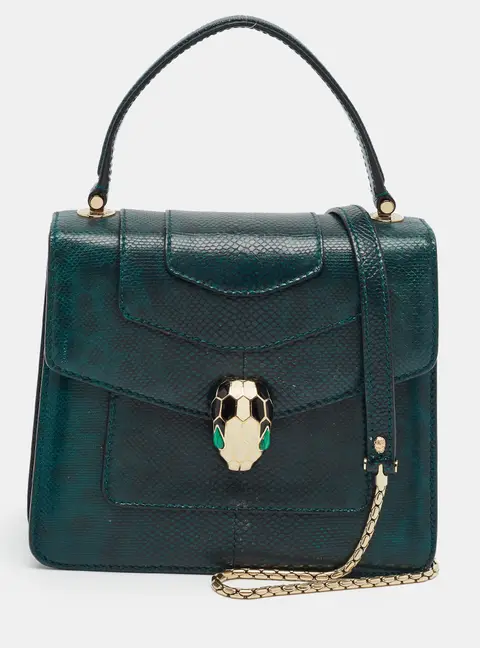 Bvlgari Serpenti Forever Small Green Karung Leather Top Handle Bag