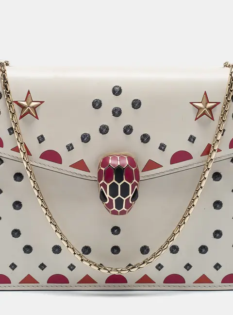 Bvlgari Off White Printed and Embroidered Leather Small Serpenti Forever Shoulder Bag