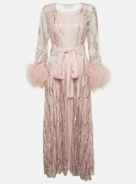 By Reem aldhaheri Pink Satin and Tulle Embellished Kaftan Set S