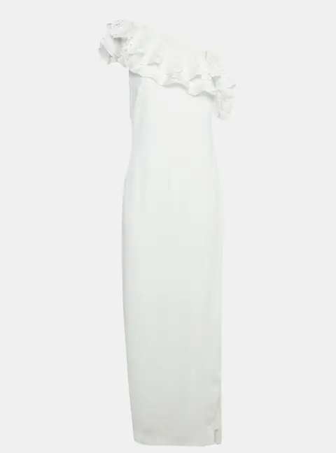Badgley Mischka White Crepe Ruffle Lace Detail One Shoulder Gown M