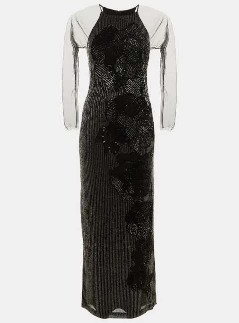 Badgley Mischka Black Embellished Mesh Gown L