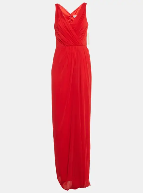 Badgley Mischka Red Silk Pleated Sleeveless Gown L